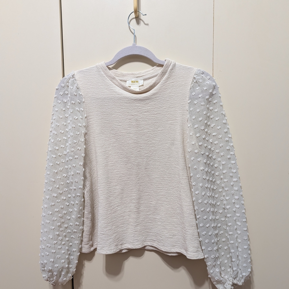 Anthropologie Cream Blouse with Textured Sleeves Boho Chic Fairy